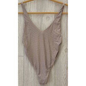 NWOT Barefoot Miss of California S Taupe Pearl Deep V Swimsuit 96387